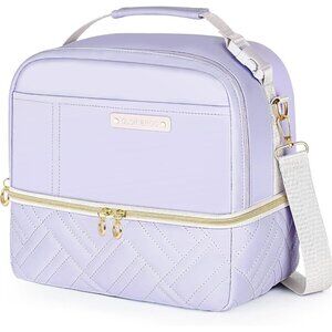 Large Insulated Lunch Bag for Women, Stylish Vegan Leather 2-Tier Tote Cooler